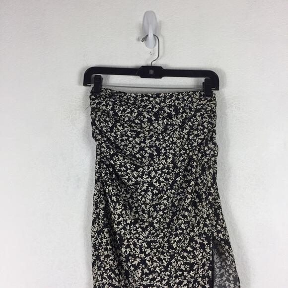 Zara Draped Black Moody Micro Floral Print Ruched Side Slit Midi Skirt XS - Picture 4 of 13